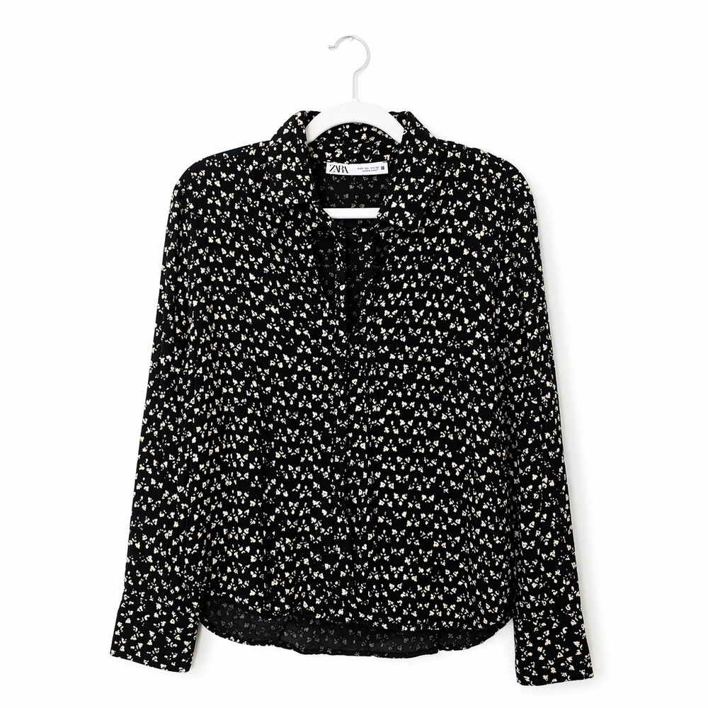 Zara Button Down Blouse Women Large Black Floral Neck Tie‎ Long Sleeve Top